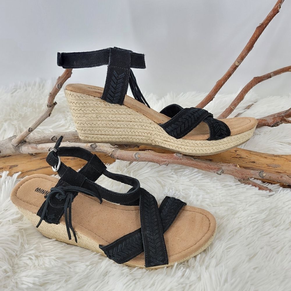 Minnetonka black suede espadrilles wedges